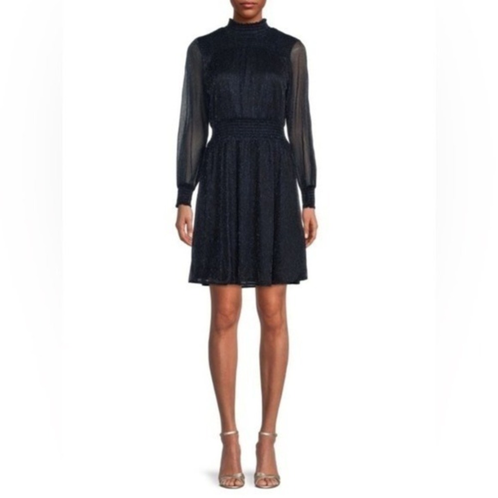 Sam Edelman Midnight Blue Metallic Long Sleeve Cocktail Dress Size 8 NWT